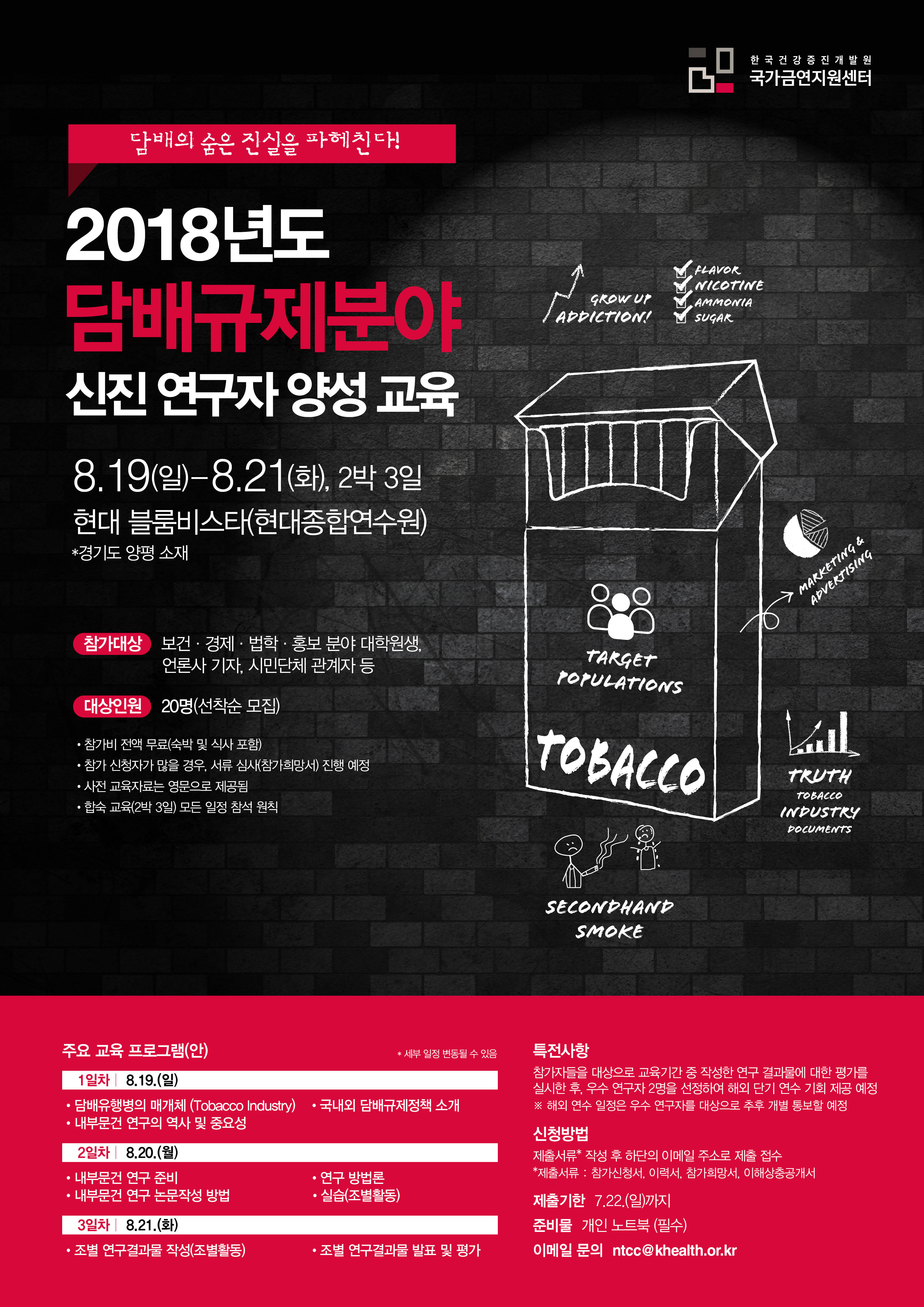 한국건강증진개발원 국가금연지원센터  담배의 숨은 진실을 파헤친다!   2018년도 담배규제분야 신진 연구자 양성 교육 8.19(일)-8.21(화), 2박 3일 현대블룸비스타(현대종합연수원) 경기도 양평 소재.   참가대상 보건, 경제, 법학, 홍보 분야 대학원생, 언론사 기자, 시민단체 관계자 등.   대상인원 20명(선착순 모집)  참가비 전액 무료(숙박 및 식사포함),  참가 산청자가 많을 경우, 서류 심사(참가희망서) 진행 예정,  사전 교육자료는 영문으로 제공됨,  합숙 교육(2박3일) 모든 일정 참석 원칙.   주요 교육 프로그램(안).  *세부일정 변동 될 수 있음.  1일차 8.19.(일) 담배유행병의 매개체(Tabacco Industry), 국내외 담배규제정책 소개, 내부문건 연구의 역사 및 중요성.  2일차 8.20.(월) 내부문건 연구 준비, 내부문건 연구논문작성 방법, 연구 방법론, 실습(조별활동)  3일차 8.21.(화) 조별 연구결과물 작성(조별활동), 조별 연구결과를 발표 및 평가.  특전사항 참가자들을 대상으로 교육기간 중 작성한 연구 결과물에 대한 평가들 실시한 후, 우수 연구자 2명을 선정하여 해외 단기 연수 기회 제공예정.  해외 연수 일정은 우수 연구자를 대상으로 추후 개별 통보할 예정.  신청방법  제출서류(참가신청서, 이력서, 참가희망서, 이해상층공개서) 작성 후 하단의 이메일 주소로 제출 접수. 제출기한 7.22.(일)까지.  준비물 개인 노트북(필수).  이메일 문의 ntcc@khealth.or.kr